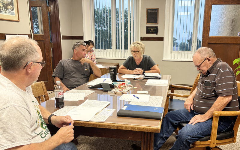 Petitions that sought to put Jerauld County’s recently approved ambulance opt-out to a public vote have been declared invalid, county officials announced at a special commission meeting held Friday, August 15. Shown left to right are State's Attorney Deach Koch, County Commissioner Shane Mentzer, Deputy Auditor Teresa Fonder, DeVonne Losing, County Commissioner Walt Hein. County Commissioners Fred Krohmer and Charlie Bergeleen participated in the meeting via teleconference.
