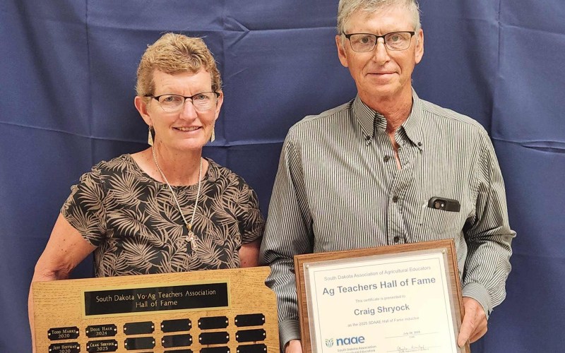 Kelli and Craig Shryock are pictured at the SDAAE conference, where it was announced that Craig was inducted into the SDAAE Hall of Fame on July 28, 2025. PHOTO COURTESY SOUTH DAKOTA ASSOCIATION OF AGRICULTURE EDUCATORS