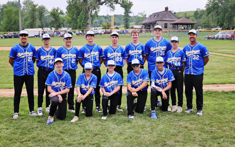 (PHOTO COURTESY KATIE JONES) Shown left to right, back row: Coach Blake Miller, Eli Kapp, Chaz Larson, Teagen Eggleston, Will Grohs, Hunter Heezen, Jaspur Gran, Sutten Jensen, Coach Charley Larson. Front row, left to right: Gannon Culver, Hasten Heezen, Casen Waters, Mauer Jones, Grason Finn.
