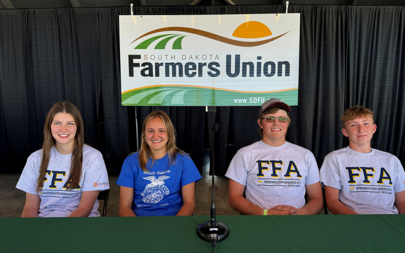 Teens put their farm safety knowledge to the test and compete in the South Dakota Farmers Union Farm (SDFU) Safety Quiz Bowl Championship at the State Fair August 30 during SDFU Day at the State Fair. The 2025 championships are held at 2 p.m. under the Freedom Stage. Cash prizes awarded to winning team. The 2024 Champions are pictured here: Wessington Springs FFA Chapter team members are (left to right) Addyson Orth, Mariah Messmer, Holden Jackson and Haiden Boschee.