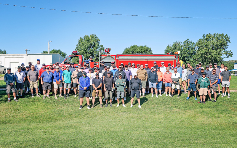 All 34 teams competing in the annual “Fire in the Hole” Golf Tournament posed for a group photo in front of a Wessington Springs Fire Department truck at Springs Country Club on Saturday, Aug. 23. Proceeds from the tournament will help fund the community’s Fourth of July fireworks celebration as well as a memorial honoring fallen firefighter Michial Brodkorb.