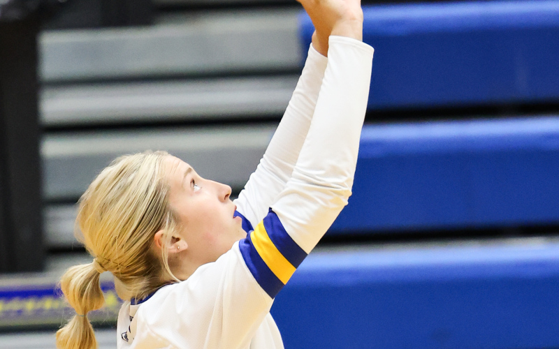 Senior Kerstynn Heim sets the ball during last week’s game against Iroqouis/ Lake Preston.