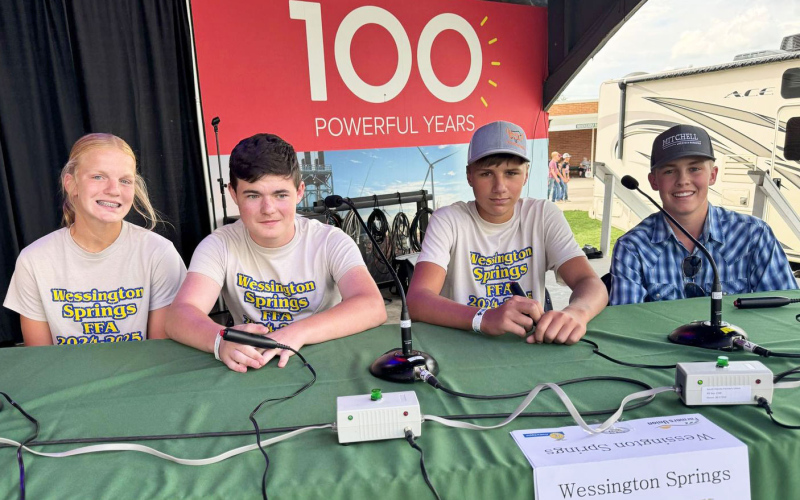 Wessington Springs FFA members (from left) Ella Kolousek, Chase Dunsmore, Rylan Fagerhaug and Logan Klein represented their community at the South Dakota State Fair in Huron during the Farm Safety Quiz Bowl Championships. The team advanced through rounds of challenging farm safety questions before Howard FFA captured the 2025 title.