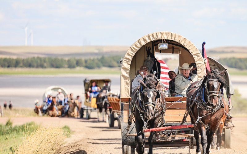 Jerry Fastnacht and Mark Reindl lead their team back to the Kyle Evans Memorial Wagon Train campsite near Crow Lake. While day one of the event started out damp and cold, the sun and mild weather returned for the second day, with participants eager to hitch their wagons and hit the trail. (KRISTI HINE / TRUE DAKOTAN)
