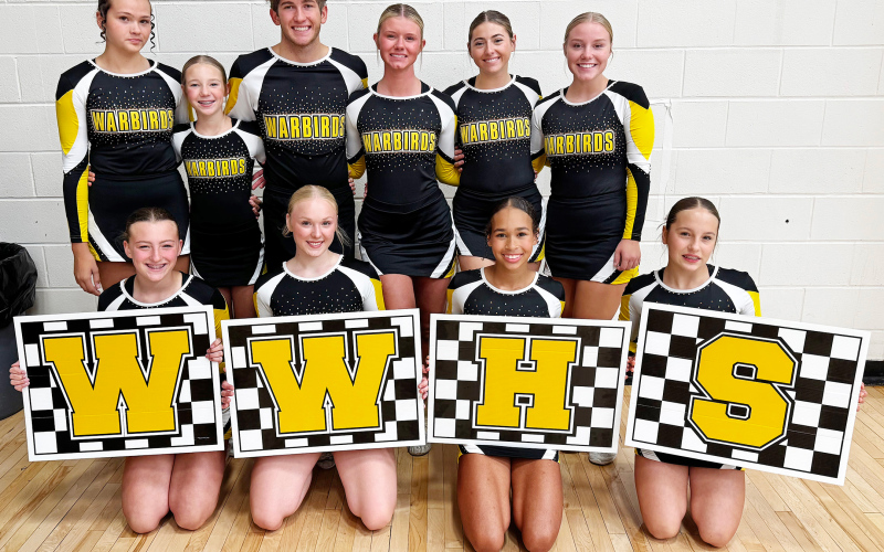 Warbird Competitive Cheer Team – Front row (L–R): Skye Tschetter, Amanah Woodruff, Abigail Huntsinger, Raya Toupal. Back row (L–R): Preslie Jensen, Taryn Rainford, Carson Walters, Allison Hulst, Lily Hoverson, Shae Uttecht. (PHOTO COURTESY BRANDEE KELSEY)
