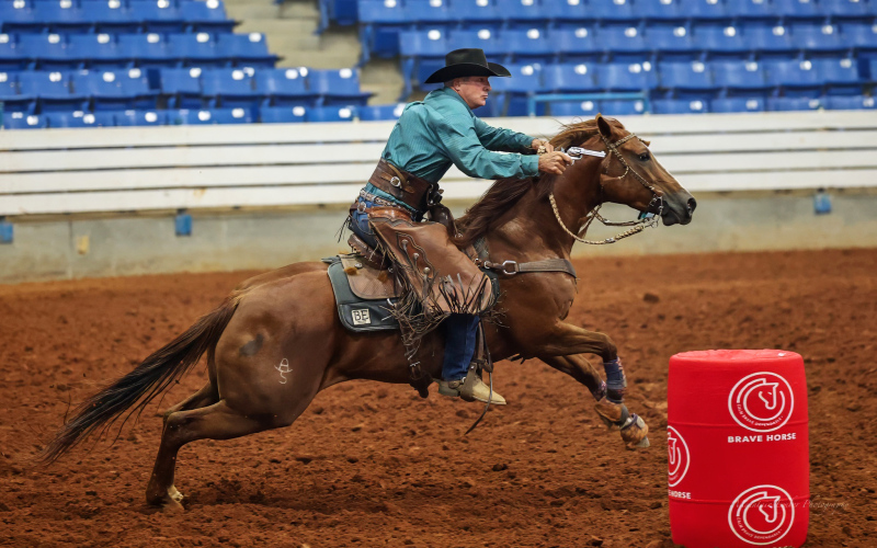 Wessington Springs horseman Brett Borkowski rides his home-raised mare “Dasha Latte,” affectionately nicknamed Angelmuffin, during their record-setting run at the CMSA Open Derby in Shelbyville, Tenn. The pair’s win completed an unprecedented three-year sweep — the 2023 Open Futurity and back-to-back 2024 and 2025 Open Derby titles — a feat never before achieved in the sport of Cowboy Mounted Shooting. (PHOTO / MOUNTAIN EMBER PHOTOGRAPHY)