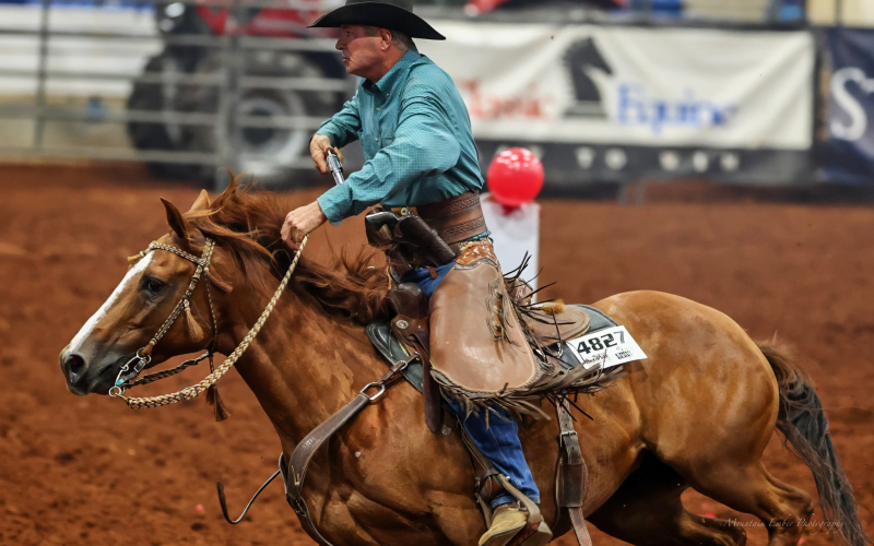 Wessington Springs horseman Brett Borkowski rides his home-raised mare “Dasha Latte,” affectionately nicknamed Angelmuffin, during their record-setting run at the CMSA Open Derby in Shelbyville, Tenn. The pair’s win completed an unprecedented three-year sweep — the 2023 Open Futurity and back-to-back 2024 and 2025 Open Derby titles — a feat never before achieved in the sport of Cowboy Mounted Shooting. (PHOTO / MOUNTAIN EMBER PHOTOGRAPHY)