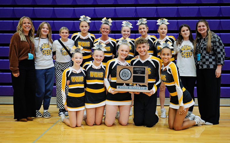 The Wolsey-Wessington Warbird Competitive Cheer Team claimed the State Reserve Champion Title for the second straight year. Pictured are, front row, from left: Taryn Rainford, Skye Tschetter, Amanah Woodruff, Carson Walters, Abigail Huntsinger . Back row, from left: Brandee Kelsey, Ciera Stevens, Annie Allerdings, Preslie Jensen, Allison Hulst, Shae Uttecht, Lily Hoverson, Raya Toupal, Manon Houze, and Kylie Martin. PHOTO COURTESY SDPB