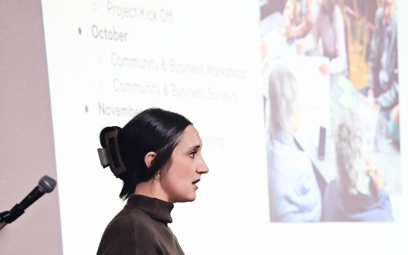 Ciara Forest of Travel South Dakota speaks to attendees during the Nov. 7, 2025 Destination Development community meeting at the Springs Inn in Wessington Springs.