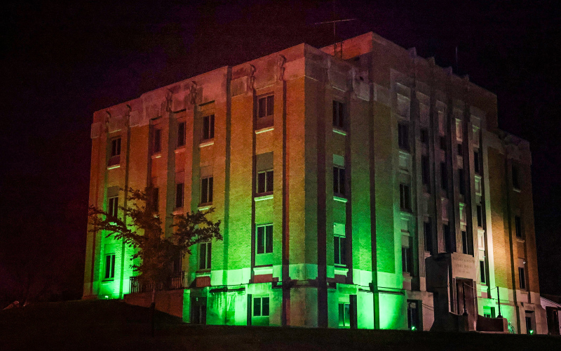 A green glow shines across the Jerauld County Courthouse early Tuesday morning as part of Operation Green Light for Veterans, a nationwide initiative recognizing the service and sacrifice of America’s military veterans. Jerauld County is participating by illuminating the courthouse in green from Nov. 4–11, joining thousands of counties across the country in showing visible support for veterans and their families. KRISTI HINE / TRUE DAKOTAN