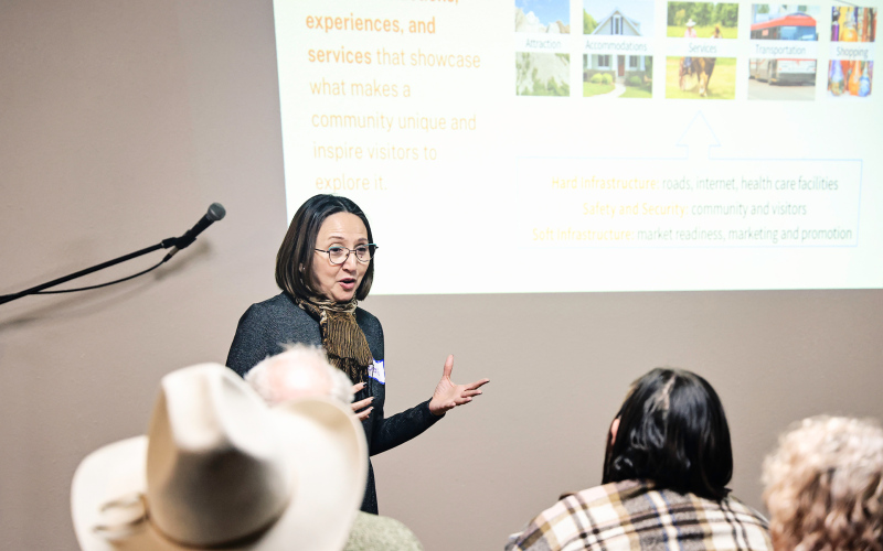 Seleni Matus of the International Institute of Tourism Studies at George Washington University speaks to attendees during the Nov. 7, 2025 Destination Development community meeting at the Springs Inn in Wessington Springs.