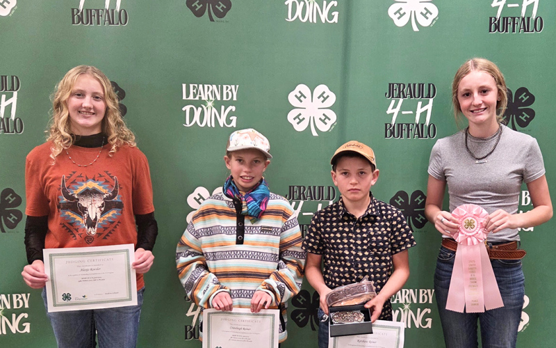 4-H horse exhibitors performed exceptionally well during the State 4-H Horse show. Left to right, Alexis Roesler, Crawleigh Reiner, Kershaw Reiner and Lily Roesler, with Kershaw winning the State 4-H Horse Premier Exhibitor in the beginner division.