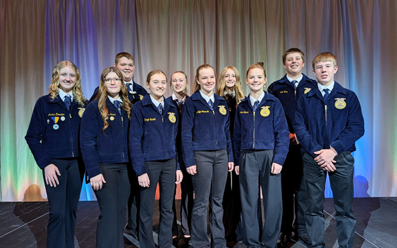 Ten Wessington Springs High School FFA members earned state recognition at the South Dakota State FFA Leadership Development Events (LDEs), held Dec. 7–8 in Box Elder. Alexis Roesler, Mercedes Jones, Wyatt Arhart, Taryn Bartel, Tenley Olinger, Madilyn Gaikowski, Lily Roesler, Jalene Reiner, JR Hine, Sutten Jensen.