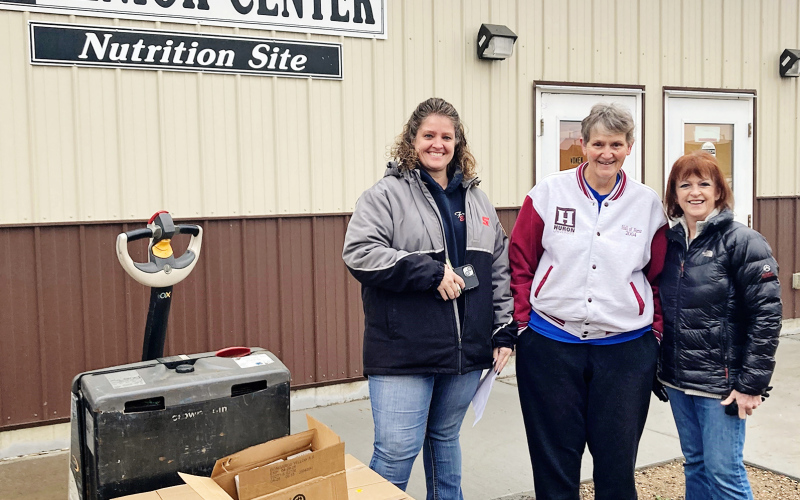 Pictured outside the Wessington Springs Senior Center are the volunteers for Feeding South Dakota, left to right Ann Scheel, Gloria Vavra, and Becky Thompson. (DELIA ATKINSON / TRUE DAKOTAN)