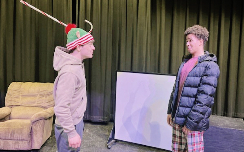 Members of the Wolsey-Wessington High School one-act cast rehearse The Elf on the Shelf Must Die, a comedy by Don Zolidis, during a recent practice session in the school Commons. The public performance has been rescheduled to Friday, Jan. 30 due to a bitterly cold weather forecast. (PHOTO COURTESY KAREN JENSEN)