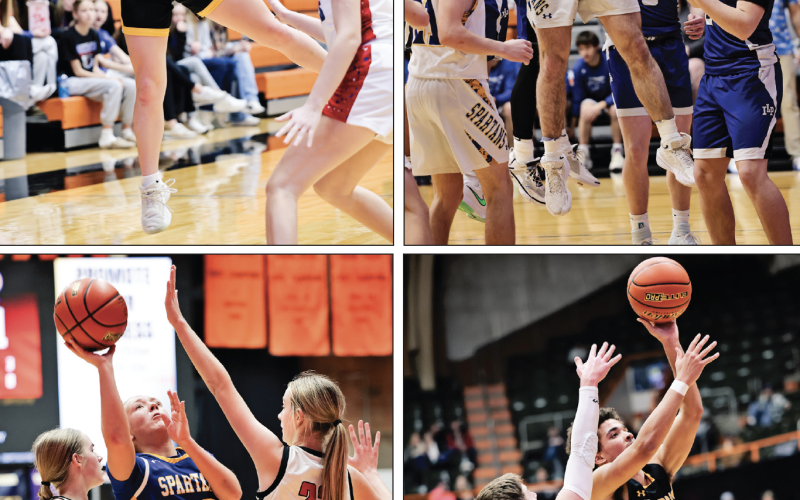 Players from Wolsey-Wessington and Wessington Springs compete during 281 Conference Tournament. Clockwise from top left are: Shae Uttecht, Colby Flowers, Caleb Richmond and Kendall Kolousek. (KRISTI HINE / TRUE DAKOTAN)