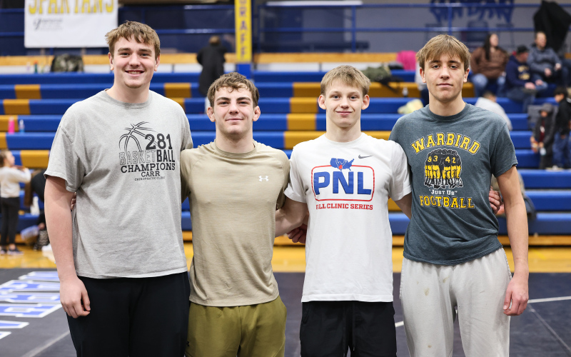 Four WS-W-WW Warhawks earned spots at the State Wrestling Tournament after strong performances at last week’s regional meet in Winner. From left are Wessington Springs High School sophomore Jaspur Gran, Wolsey-Wessington High School senior Ethan Rearick, Wolsey-Wessington High School junior Jacksen Carter and Wessington Springs High School sophomore Carson Finn.