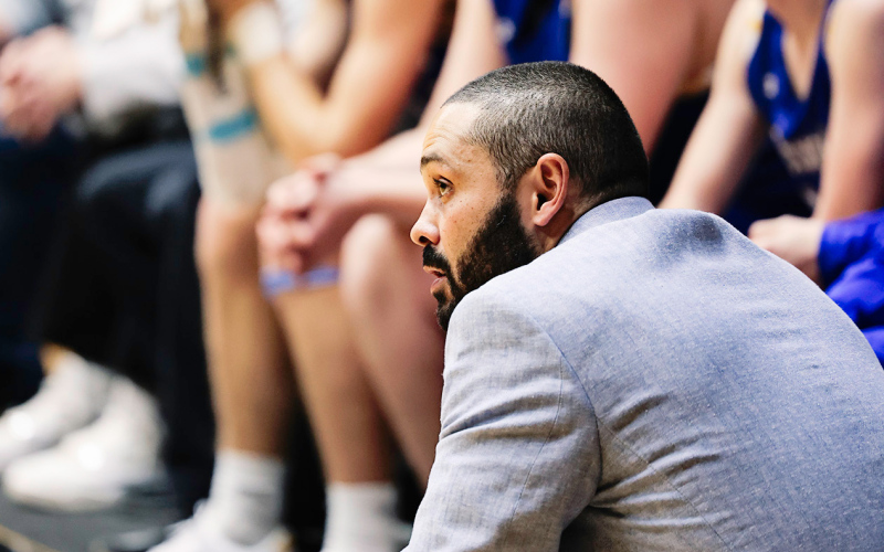 Spartan boys basketball head coach Joey Mitchell directs his team from the sideline during recent action. Mitchell said the Spartans are continuing to build chemistry and focus as they prepare for Friday’s regular-season finale against rival Sanborn Central/Woonsocket. (TRUE DAKOTAN FILE PHOTO)