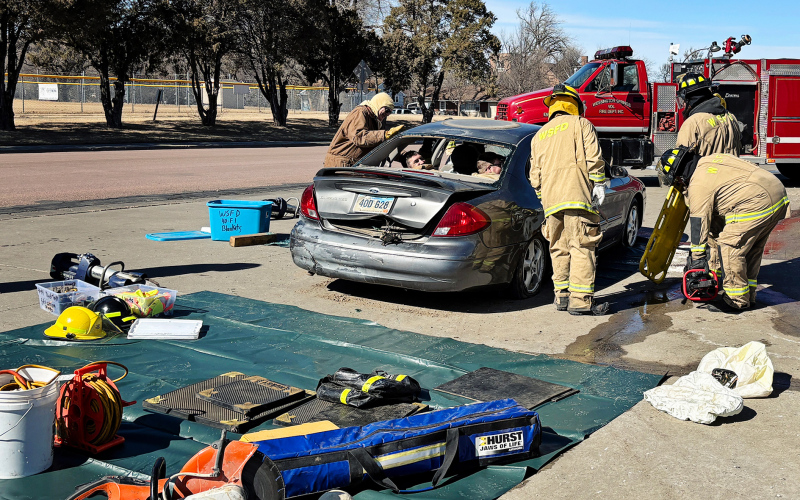 Firefighters take part in extrication training at the Wessington Springs Fire Hall on March 7, 2026, as part of Firefighter I and II certification. (KRISTI HINE / TRUE DAKOTAN)