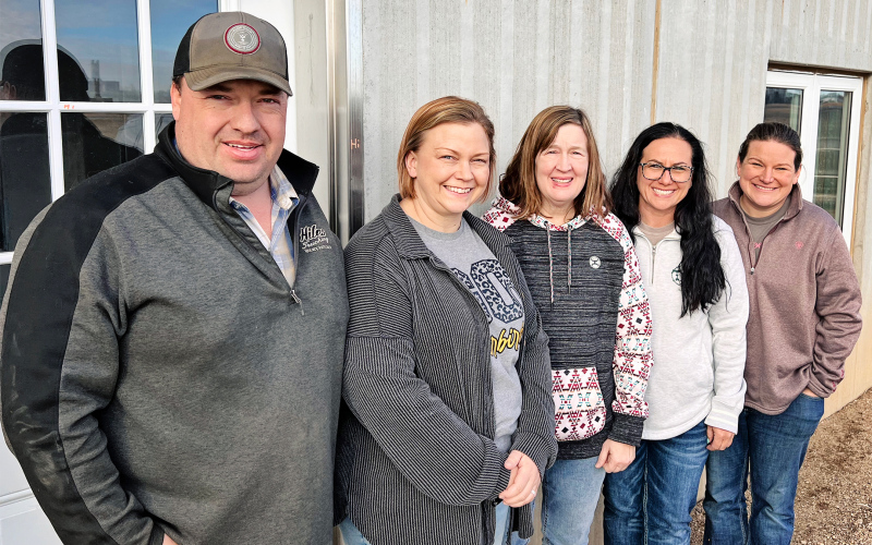 School and community members recently traveled to Collins Colony to learn about cold storage practices. Pictured from left are Mike and Stacy Hiles, Wolsey-Wessington School District Business Manager Amy Langbehn, School Board member Teri Eichstadt and Kelsey Schnetzer.