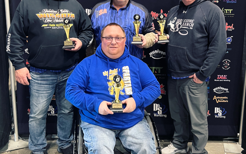 Members of the Soak and Suds team: Front, Josh Luckett of Wessington Springs; Back (from left) Jeff Ashley of Kimball, Wayne Willman of Gann Valley, Shane Namanny of Kimball. The team placed second at the 2026 South Dakota State Valley 8-Ball Tournament in Brookings.