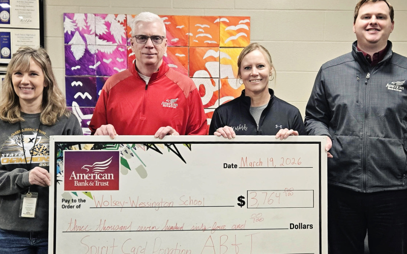 Wolsey-Wessington Warbirds received an AB&amp;T Spirit Card check for $3,764 to help fund classroom books, the Humanity Launch program, and other supplies. Shown left to right are: Wolsey-Wessington English/ Journalism teacher Karen Jensen; Jim Babcock of AB&amp;T Wolsey branch; Leslie Tvedt, Wolsey Wessington MS/ HS Principal and Matthew Teel of AB&amp;T Wolsey branch.