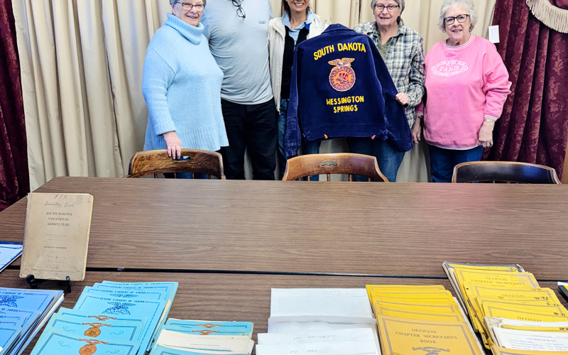 Filmmakers scanned historic photos and records with help from volunteers Cathy Perry, Jim and Carolyn Ferguson, Eileen Woodruff and Sandy Wenzel at the Jerauld County Pioneer Museum as part of the FFA documentary.