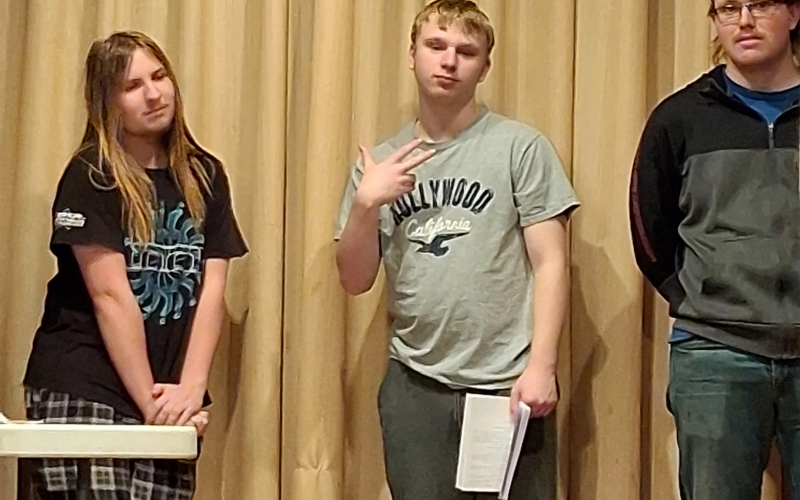 Will Jackson, Zandon Beyer and Holden Jackson during rehearsal for WSHS Spring play, “Too Many Detectives in the Murder Mansion.” DAMIEN KNIPPLING / TRUE DAKOTAN