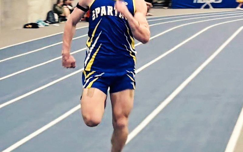 Will Grohs (7.82) was among the six runners in the 60m dash competing at the DWU Indoor Meet in MItchell, SD on Tuesday, March 31, 2026. (PHOTO BY BECKY BELLKRUEGER)
