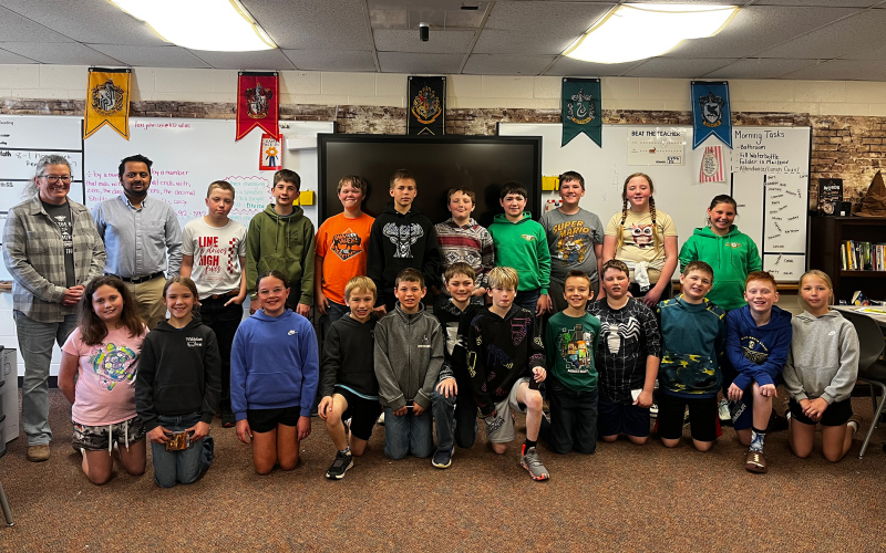 Fifth-grade students at Wessington Springs Elementary took part in a hands-on Arbor Day activity led by Lokesh Bhattarai of the State Resource Conservation Forestry Division and Lisa Sall of the Jerauld Co. Conservation District. (PHOTO COURTESY LEXI JOHNSEN)