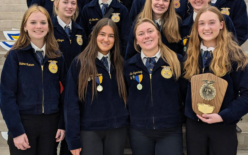 Wessington Springs FFA members turned in a strong showing at the 2026 South Dakota State FFA Convention, April 20–22 in Brookings, earning team success, individual honors and statewide recognition. From back, left to right: Wyatt Arhart, JR Hine, Mercedes Jones, Brooklyn Caffee; Haiden Boschee, Max Klein, Addy Orth, Ella Kolousek; Teagan Scheel, Tucker Thompson, Rylan Fagerhaug, Hayes Christensen; Lily Roesler, Holden Jackson, Kohen Mebius, Chase Dunsmore; Tenley Olinger, Madilyn Gaikowski, Alexis Roesler;