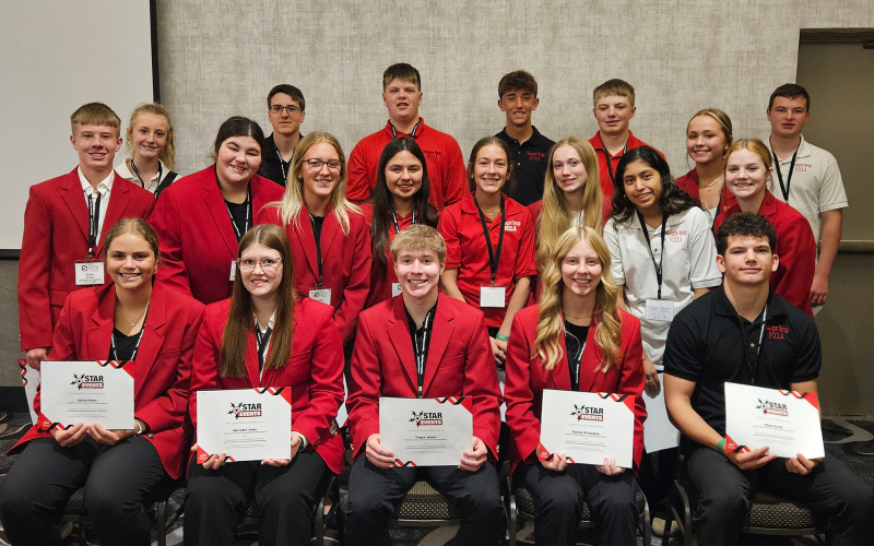 Wessington Springs FCCLA members are shown at the 2026 State Leadership Conference. Shown back row, left to right are: Lily Roesler, Drake Tobin, Micah Orth, Grayson Finn, Cole Wenzel, Londyn Mikkelson, Emmitt Feistner. MIDDLE ROW: Sutten Jensen, Tierney Knipfer, Kendall Kolousek, Katie Hernandez, Kenzie Kolousek, Tenley Olinger, Eiza Ciciliano, Jalene Reiner. FRONT ROW: Kaitlyn Braun, Mercedes Jones, Tregen Jensen, Sydney Richardson, Hayes Havlik. PHOTO COURTESY CHARLOTTE MOHLING)