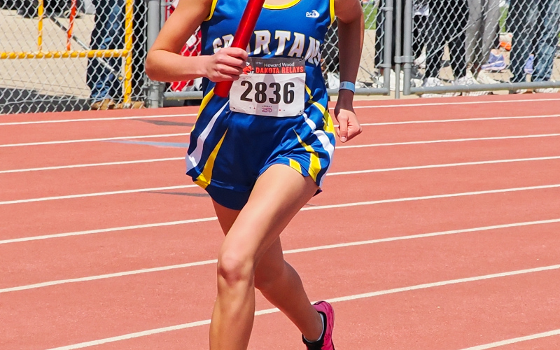 Kenzie Kolousek ran 58.81 in the 400m dash for 6th place on Day two of the Howard Wood Dakota Relays, also breaking a school record. (PHOTO COURTESY SDPB)