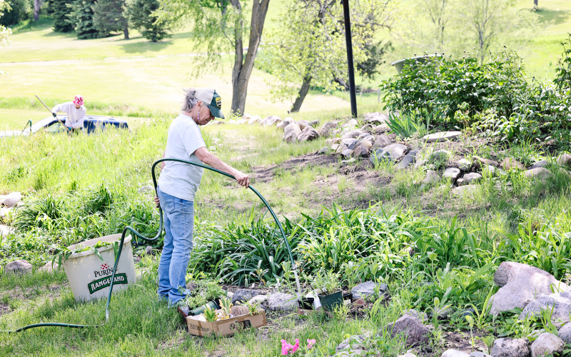 Cindy Eilers waters newly planted flowers during the Shakespeare Garden Planting Festival in Wessington Springs. Dozens of volunteers gathered to help prepare the beloved community garden for the summer season.