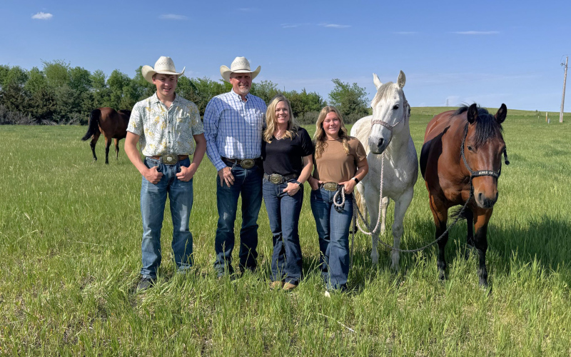 The Fagerhaug family on their family’s Wessington Springs Ranch: Wyatt, Owen, Shannon and Ella. Pictured with rodeo horses Ray and Socks. Rodeo has always played a big role in this family’s life. (PHOTO: SDFU)