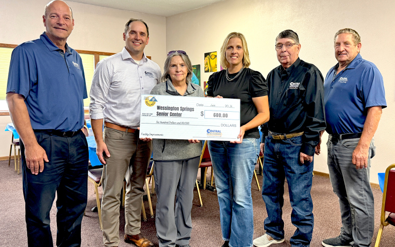 Wessington Springs Senior Center accepts a $600 grant for facility improvements. Pictured from left to right: Central Electric General Manager Ken Schlimgen, General Manager Designate Ryan Mueller, Senior Center Board Member Susan Olson, Operation Round-Up Trustee Amber Kolousek, Central Electric Directors Mark Reindl and Merl Bechen.
