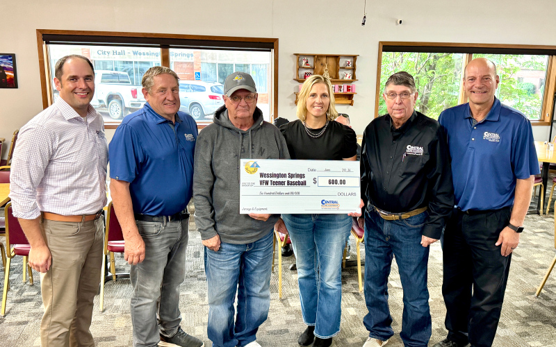 VFW Post 5548 accepts a $600 grant for teener baseball jerseys. Pictured from left to right: Central Electric General Manager Designate Ryan Mueller, Central Electric Director Merl Bechen, VFW Post 5548 Vice Commander Kelly Larson, Operation Round-Up Trustee Amber Kolousek, Central Electric Director Mark Reindl and General Manager Ken Schlimgen.