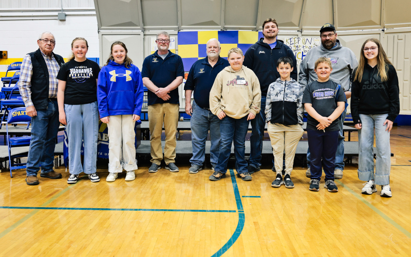 Pictured, from left, are local Shriner Roger Dwyer, Maxon Finn, Quinn Everson, Shriners Chris Schimke and Fred Krohmer, Principal-for-an-Hour Wyatt Arhart, Quinten Christensen, Adam Knippling, Hayes Cashman, Shriner Wade Christensen and Kenzie Bartel. (KRISTI HINE / TRUE DAKOTAN)