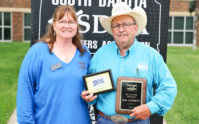 Val and Dawn Luckett were recently recognized by the South Dakota Auctioneers Association for their contributions to the auction profession. Val was inducted into the association’s Hall of Fame, while Dawn was honored for her excellence and dedication during nearly two decades of service as the organization’s executive secretary.