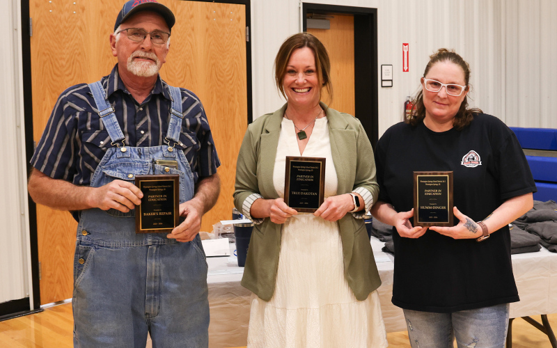 Partner in Education honorees recognized by the Wessington Springs School District include, from left, Kim Baker of Baker’s Repair, Kristi Hine of the True Dakotan and Ellen Tobin of Humm-Dinger. The three were honored during the district’s annual staff appreciation luncheon for their ongoing support of students, staff and school programs. (PHOTO COURTESY BRADY DUXBURY)