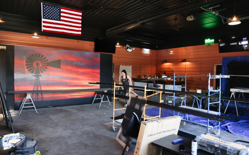 Freshly painted trim dries on sawhorses inside County Line Bar and Bites as renovation work continues on the future bar and restaurant in Wessington. Owners say only a handful of finishing touches remain before the new community gathering spot opens later this summer.
