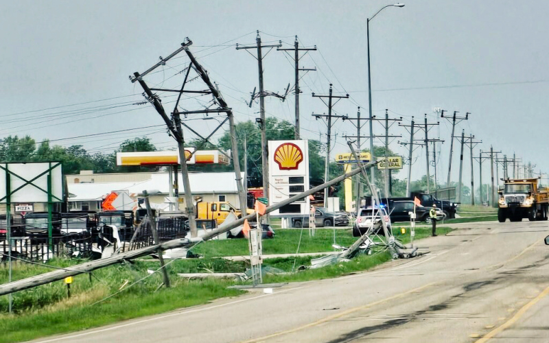 Gusts of 130 mph in the Highmore area knocked down power lines and caused significant damage on Monday, June 29. (Photo courtesy of Dave Swain via Aberdeen Insider)