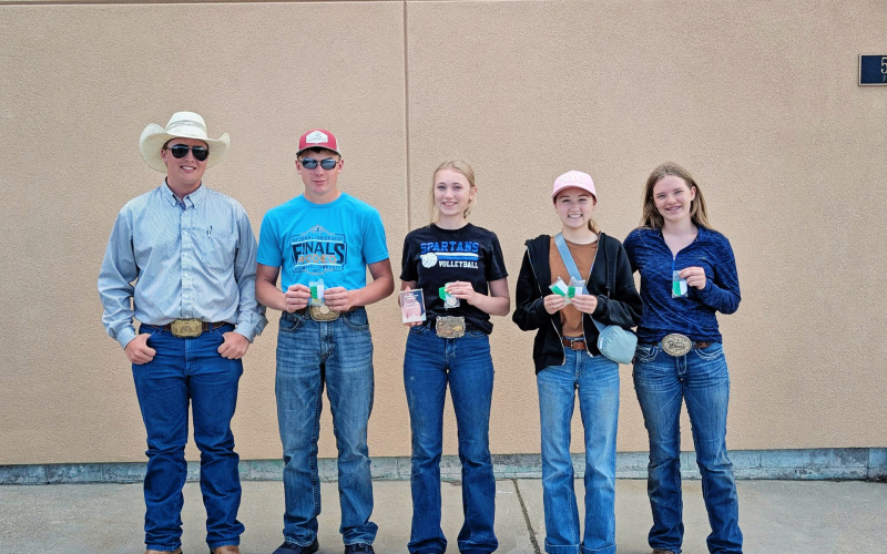 The Wessington Springs 4-H soils team earned a state championship and qualified for next spring’s National Land and Range Judging Contest in Oklahoma City during the 2026 South Dakota Rangeland and Soil Days competition in Belle Fourche. Pictured are, from left, coach Max Klein, Wyatt Fagerhaug, Tenley Olinger, Taryn Bartel, Madilyn Gaikowski. (PHOTOS COURTESY BRADY DUXBURY)