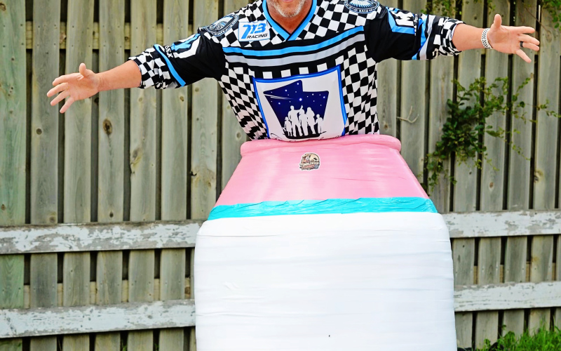 Wessington Springs native Tom Glanzer, better known in the arena as “Tumbleweed Tommy G,” climbs into his custom barrel as he prepares to make his rodeo clown debut during this week’s Foothills Rodeo. The former bull rider says the role combines a lifetime around rodeo with years spent entertaining audiences through television and public speaking. (PHOTO COURTESY TOM GLANZER )