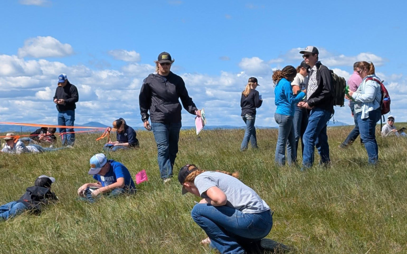 Wessington Springs students examine a soil profile during the 2026 South Dakota Rangeland and Soil Days competition in Belle Fourche.