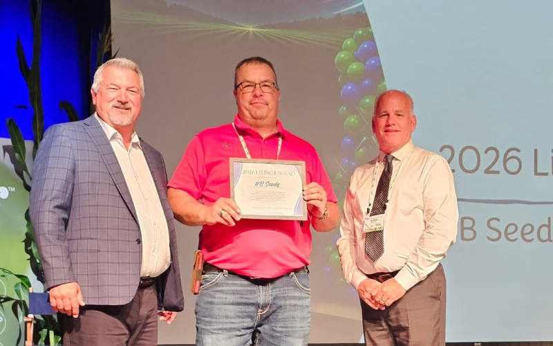 Legend Seeds President Tim Bratland, Rob Baruth 6B Seed &amp;amp; Supplies, Steve Nielson Lead Sales for Legend Seeds. (PHOTO COURTESY 6B SEEDS)