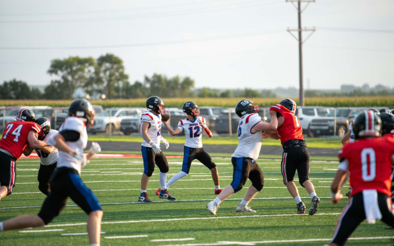 The WWSSC Bucks take the field during their 2026 season opener against Wagner. The Bucks fell 26-0, with Grason Finn completing eight passes for 61 yards. Carson Finn led the defense with nine solo and 10 assisted tackles, while Nathan Gaikowski added six solo and five assisted tackles. (PHOTO COURTESY J. VONEYE IMAGES)