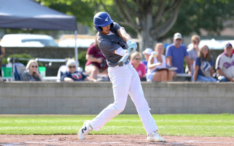 Wessington Springs’ Brock Krueger (44) swings at a pitch during the first round of the Class B state amateur baseball tournament on Friday, Aug. 7, 2026 at Cadwell Park. (PHOTO BY TREY HOUCHIN / MITCHELL REPUBLIC)