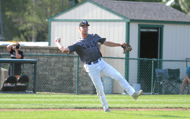 Wessington Springs’ Blake Larson (1) throws it to first base for the out during the first round of the Class B state amateur baseball tournament on Friday, Aug. 7, 2026 at Cadwell Park. (PHOTO BY TREY HOUCHIN / MITCHELL REPUBLIC)