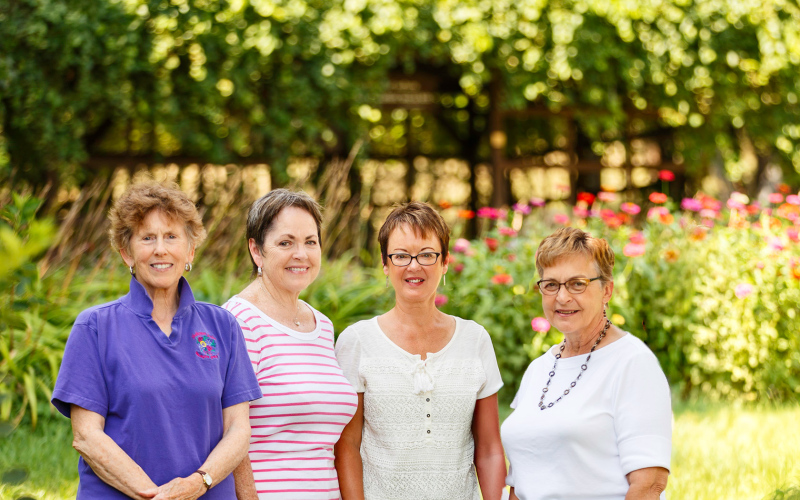 In a 2016 True Dakotan file photo, Shakespeare Garden Society board members, from left, Kathy Dean, Susan Dean Arnott, Linda Boschee and Brenda Deines are pictured at the garden. Dean is being honored during Sunday’s Garden Party as she retires after decades of service to Shakespeare Garden.
